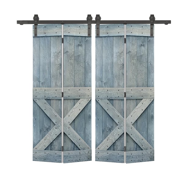 CALHOME 52 in. x 84 in. Mini X Series Solid Core Denim Blue Stained DIY Wood Double Bi-Fold Barn Doors with Sliding Hardware Kit
