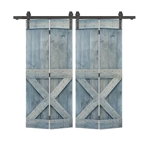 68 in. x 84 in. Mini X Series Solid Core Denim Blue Stained DIY Wood Double Bi-Fold Barn Doors with Sliding Hardware Kit