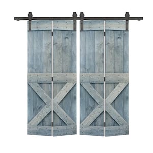 72 in. x 84 in. Mini X Series Solid Core Denim Blue Stained DIY Wood Double Bi-Fold Barn Doors with Sliding Hardware Kit