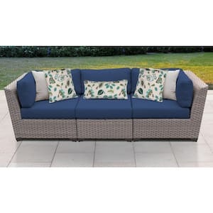 Florence 3-Piece Wicker Outdoor Sectional Sofa with Navy Blue Cushions