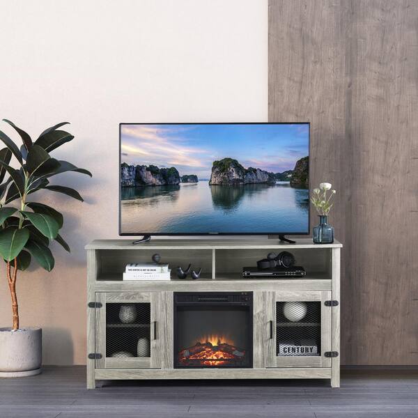 GOOD & GRACIOUS 58.25 in. TV Stand Cabinet Sideboard Electric Fireplace Fits TV's Up to 65 in. with Adjustable Shelves in Light Gray