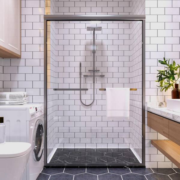46 in. - 48 in. W x 72 in. H Sliding Framed Shower Door in Brushed Nickel with Clear Glass