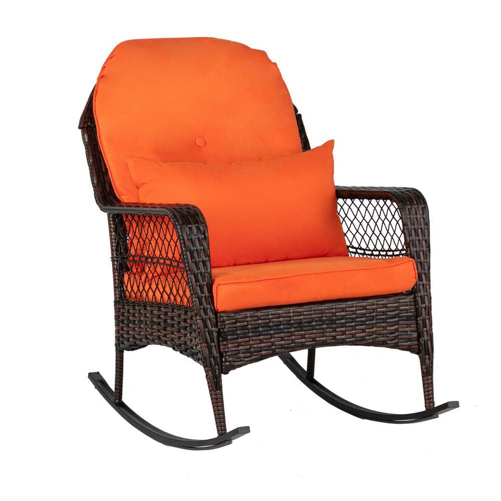Brown Wicker Outdoor Rocking Chair with Orange Cushions