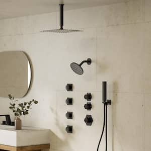 12 in. 5-Spray Multi-Functionn Dual Shower System Square High Pressure with Hand Shower in Matte Black (Valve Included)