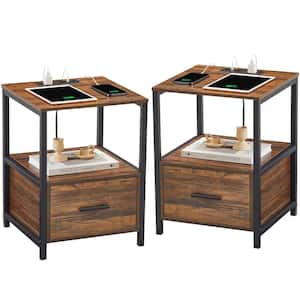 Nightstands Set of 2, End/Side Table with Storage Drawer, USB Port and Charging Station, Brown NightStands