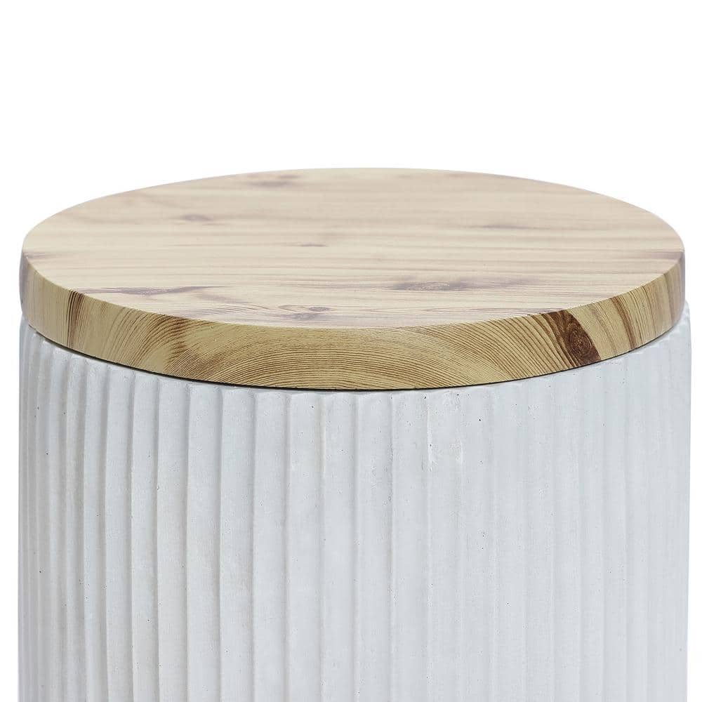 Gray Cement and Faux Wood Round Patio Side Table with Storage