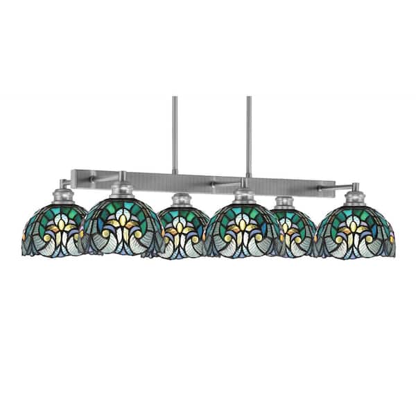 Unbranded Albany 6 Light Brushed Nickel Downlight Chandelier, Linear Chandelier for the Kitchen with Cypress Art Glass Shades