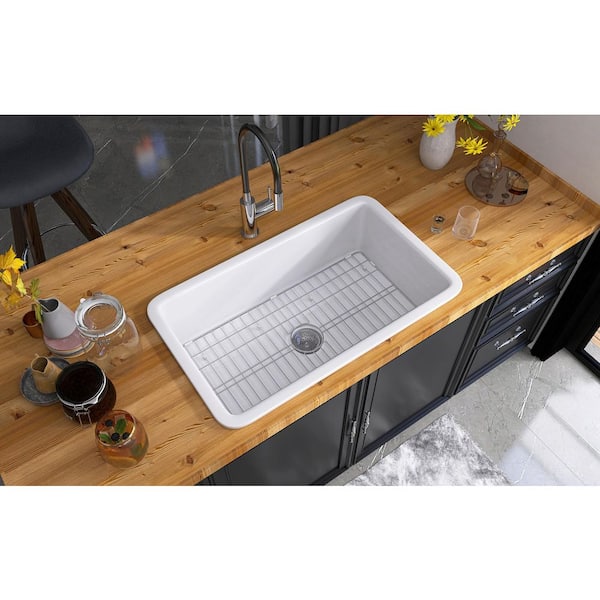 Getpro 32 in. Drop-In/Undermount Single Bowl White Rectangular Sink Fireclay Center Drain Kitchen Sink with Accessories