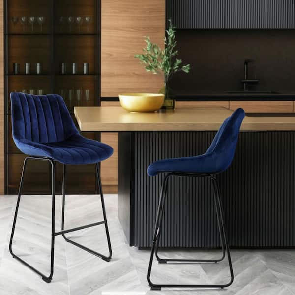 2-Piece 39 in. Velvet Tufted Bar Chair in Blue with Metal Legs