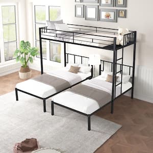 Black Metal Triple Twin Bunk Bed, Can Be Separated into 3-Twin Beds, Sturdy Metal, Safety Guardrail, CPC Certified