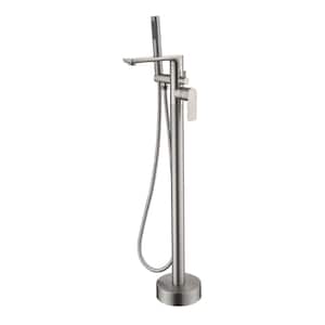 Single-Handle Freestanding Tub Faucet with Hand Shower Single Hole Brass Floor Mounted Tub Fillers in Brushed Nickel