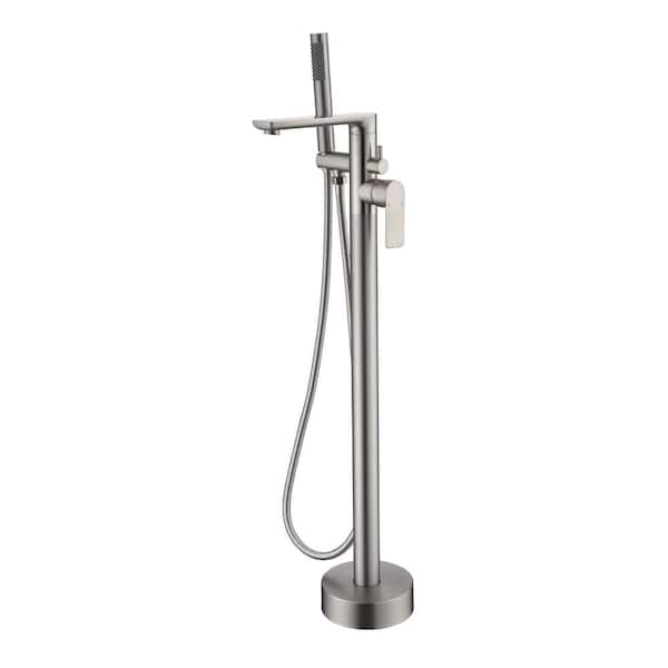 AIMADI Single-Handle Freestanding Tub Faucet with Hand Shower Single Hole Brass Floor Mounted Tub Fillers in Brushed Nickel