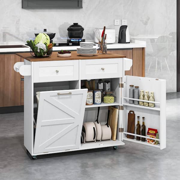 White MDF Kitchen Cart with Rubberwood Top and Trash Can Cabinet