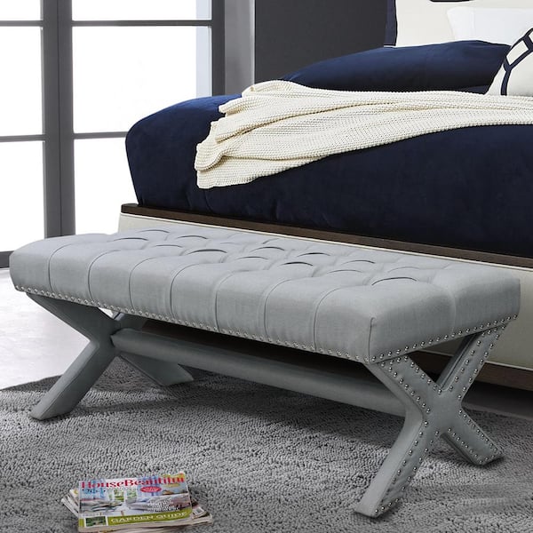 Inspired Home Bryoni Light Grey Linen Bench Button Tufted Nailhead Trim X-Leg