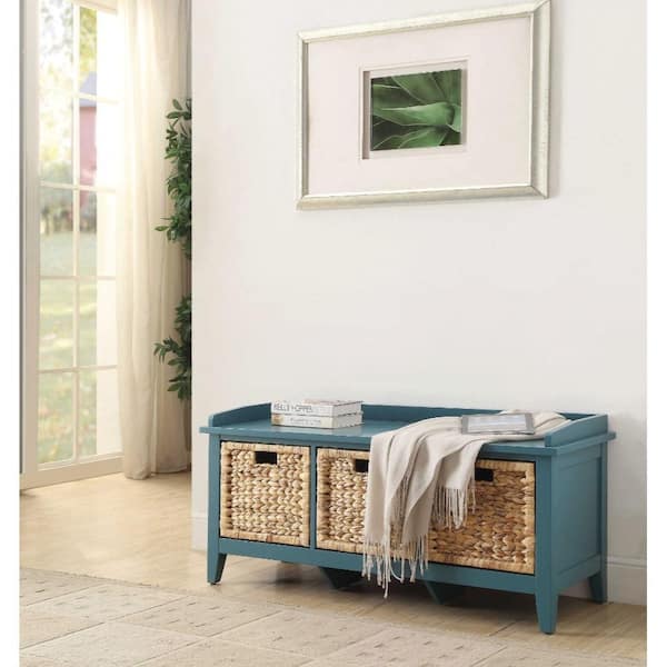 Benjara Blue Dining Bench Backless with Storage Basket 43 in.