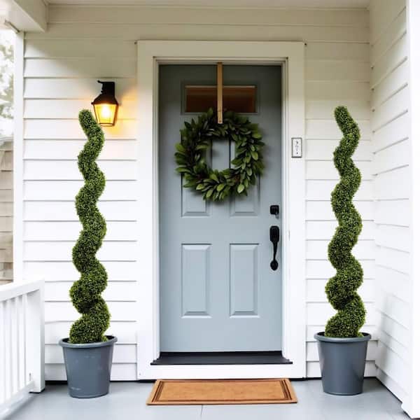Unbranded 6 ft. Artificial Spiral Boxwood Plant Tree 2-Pcs, Outdoor Plastic Topiary Bonsai, UV Resistant, for Decorative Home