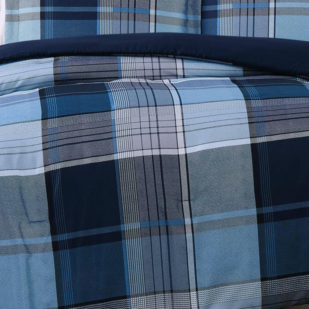 Full/Queen Blue Plaid Reversible Microfiber Comforter Set