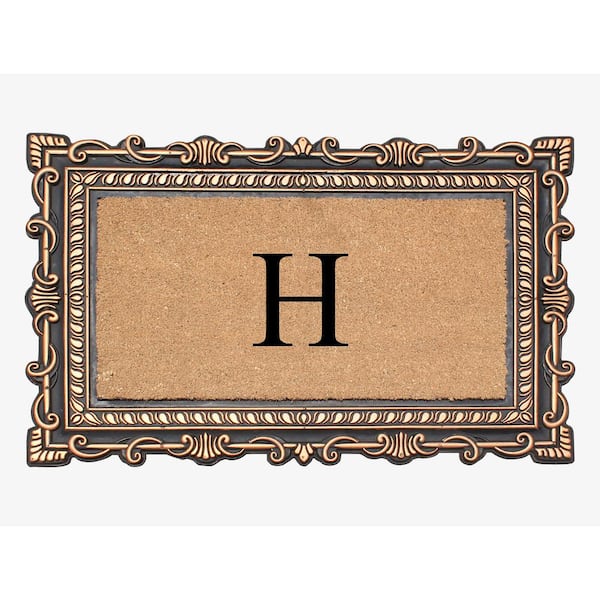 A1 Home Collections A1HC Carson Bronze/Beige 24 in. x 36 in. Rubber and Coir Heavy-Duty Easy to Clean Monogrammed H Door Mat