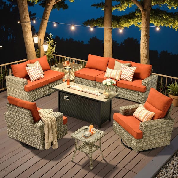XIZZI Novique 10-Pieces Wicker Rectangular Fire Pit Sets and Swivel Rocking Chairs with Orange Red Cushion