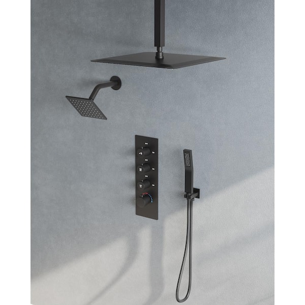 EVERSTEIN 7-Spray 16 and 6 in. Dual Shower Heads Ceiling Mount Fixed and Handheld Shower Head in Matte Black (Valve Included)