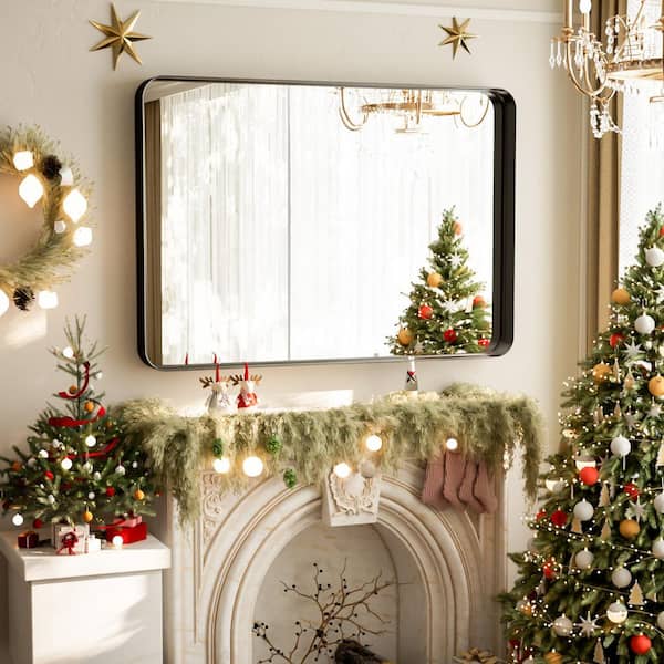 30 in. W x 40 in. H Rectangular Modern Aluminum Framed Rounded Black Wall Mirror