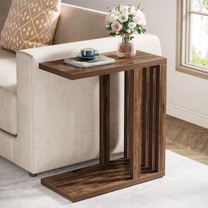 Calvin 24 in. C-Shaped Wood Brown End Table Narrow Couch Side Table Farmhouse Nightstand Bedside Coffee Accent Table