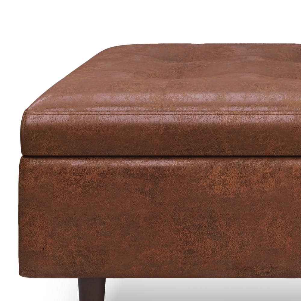 Shay 38" Distressed Saddle Brown Tufted Square Storage Ottoman