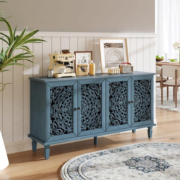 アンティークインテリア家具 Antique Blue 31.5 in. H Accent Cabinet with Floral Carvings