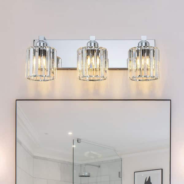Orillia 20 in. 3-Light Vanity Light with Cylinder Crystal Shade Modern Wall Sconce for Bathroom Polished Chrome