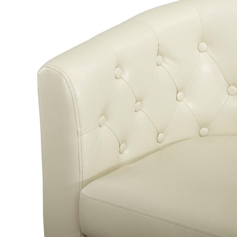 Cream Tufted Faux Leather Loveseat with Wooden Legs