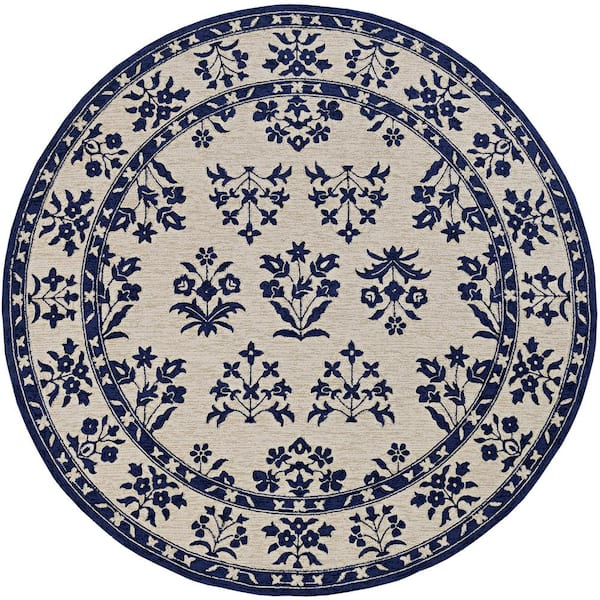 MILLERTON HOME Mira Sand/Blue 8 ft. Round Floral FarmHouse Hand-Made Area Rug
