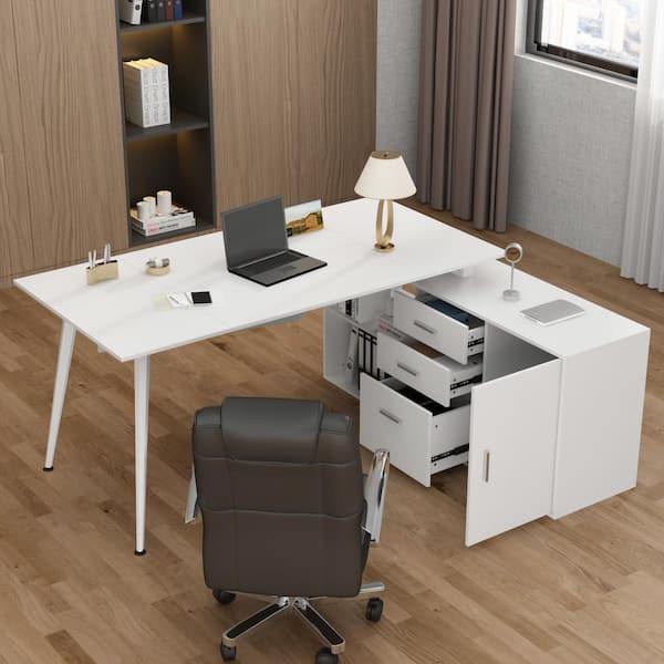 FUFU&GAGA 63 in. W-28.7 in. H White Writing Desk with 3-Drawers, 1-Storage Cabinet and 2-Adjustable Shelves