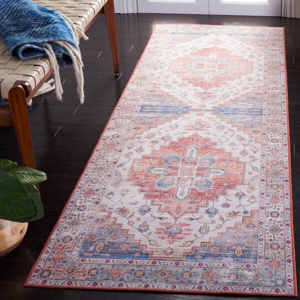 Tucson Beige/Blue 3 ft. x 18 ft. Machine Washable Floral Medallion Distressed Runner Rug