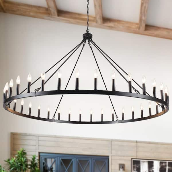 Nazavier 60 in. 36 Light Black Large Dimmable Wagon Wheel Chandelier Rustic Farmhouse Candle Round Industrial Pendant