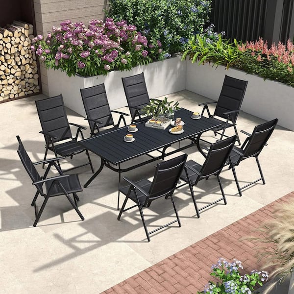 PURPLE LEAF 9-Piece Outdoor Patio Dining Set with Aluminum Frame Black Folding Chairs and Table