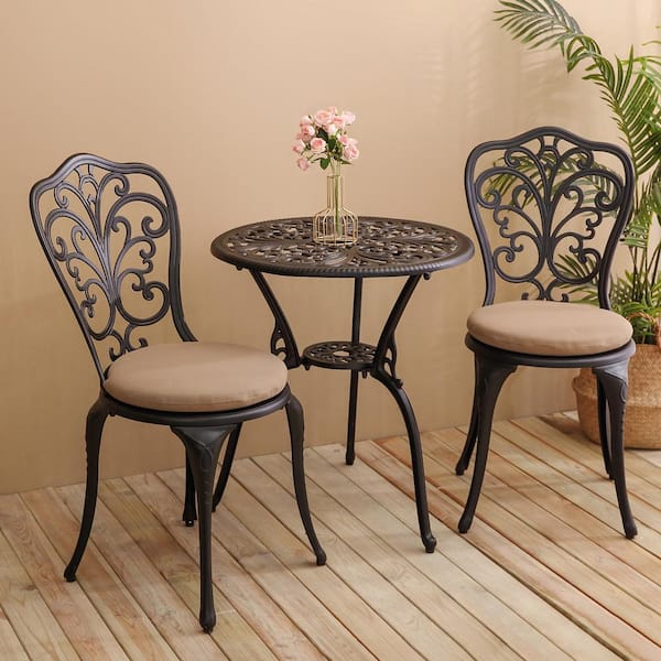 Tenleaf Black 3-Piece Rust-Resistant Aluminum Outdoor Bistro Set Dining Set with Tan Cushion and 1.77 in. Umbrella Hole