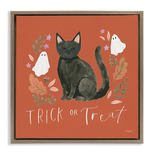 Stupell Industries Trick Or Treat Cat by Jenaya Jackson 1 Piece Floater Frame Graphic Print Typography Poster Art Print 18 in. x 18 in.