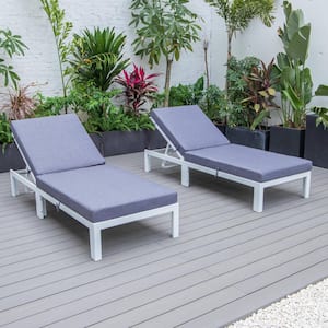 Chelsea Modern White Aluminum Outdoor Patio Chaise Lounge Chair with Blue Cushions Set Of 2