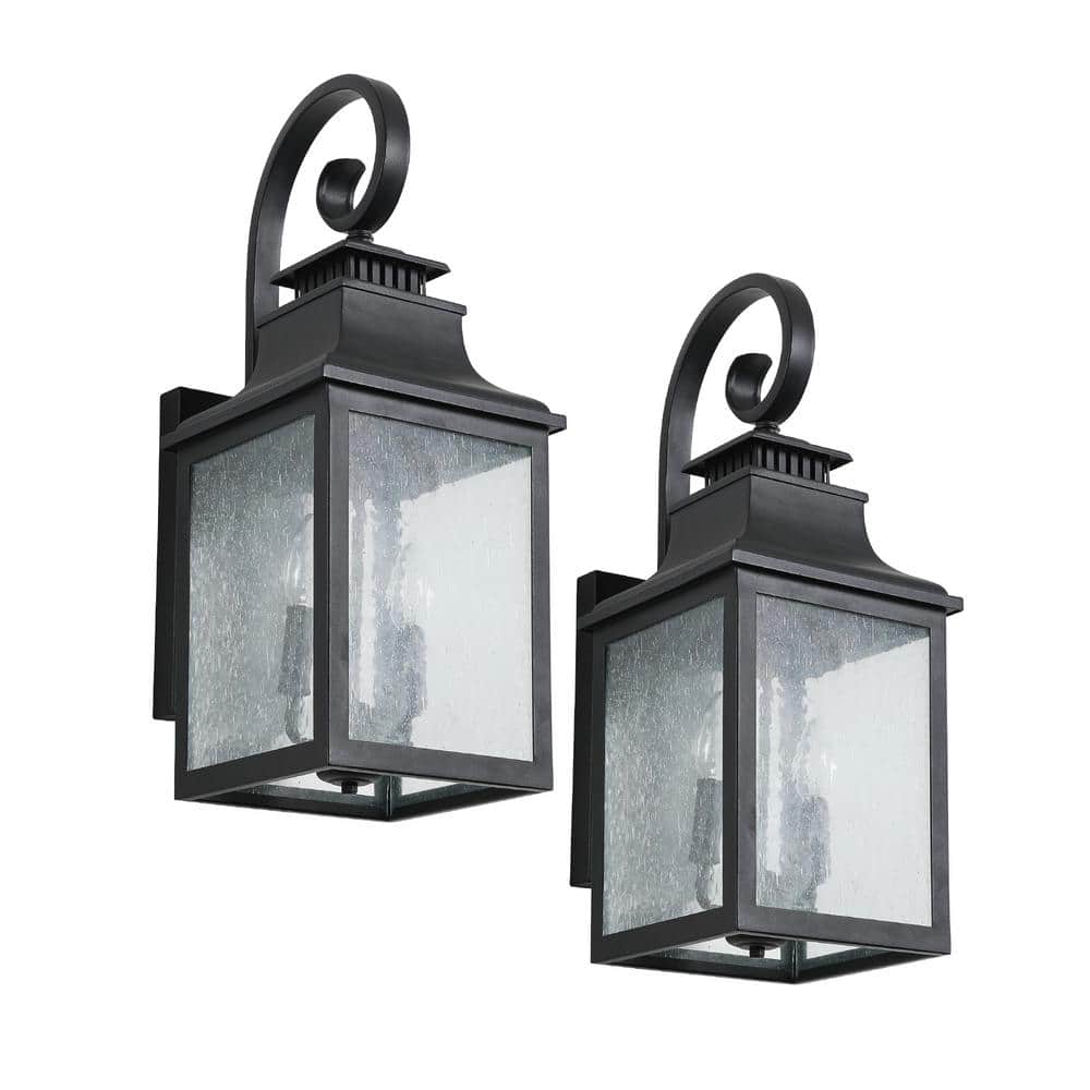 Black Hardwired Lantern Large Outdoor Wall Lamps with Glass (2-Pack) No Bul