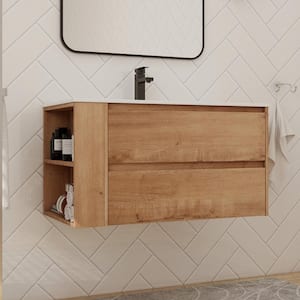 36 in. W x 18.3 in. D x 19.7 in. H Single Sink Floating Bath Vanity in Imitative Oak with White Ceramic Top, Side Shelf