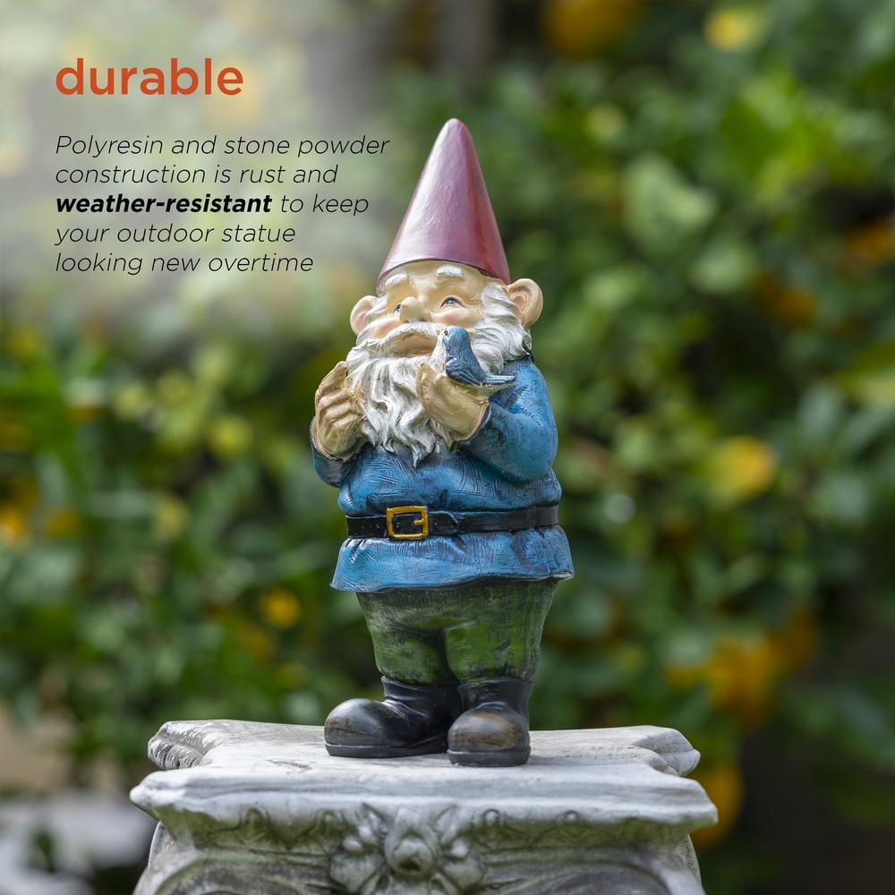 12-Inch Multicolor Garden Gnome with Bird Statue