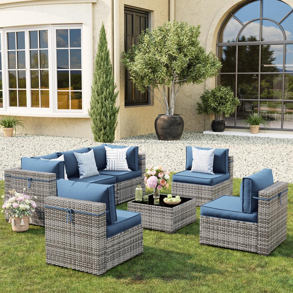Gray Wicker 7-Piece Modular Outdoor Sectional Patio Furniture Conversation 