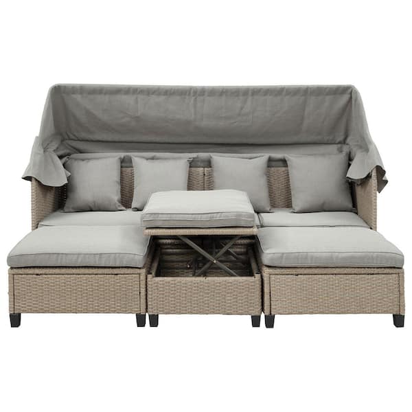 Zeus & Ruta 4-Piece Brown Resin Wicker Patio Outdoor Sectional Sofa Set with Retractable Canopy, Gray Cushions and Lifting Table