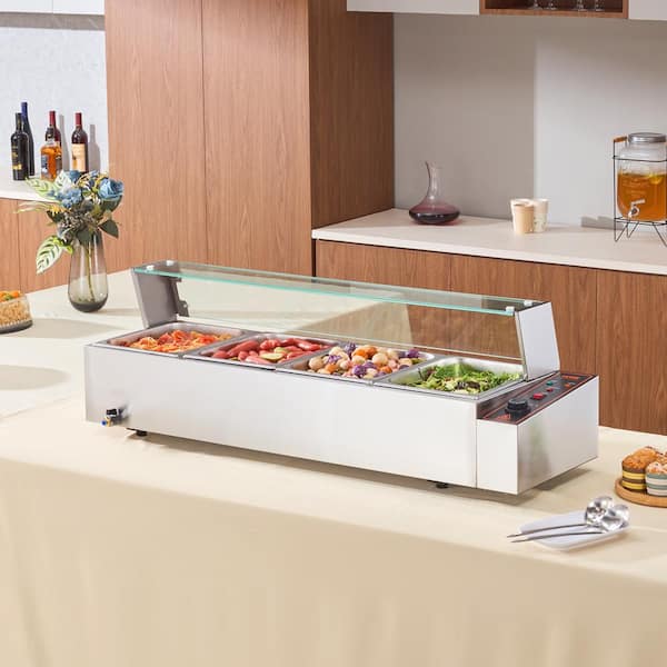 4-Pan Commercial Food Warmer, 4 x 8 qt. Electric Table with Glass Cover, 1500W Countertop 86-185°F Temp Control
