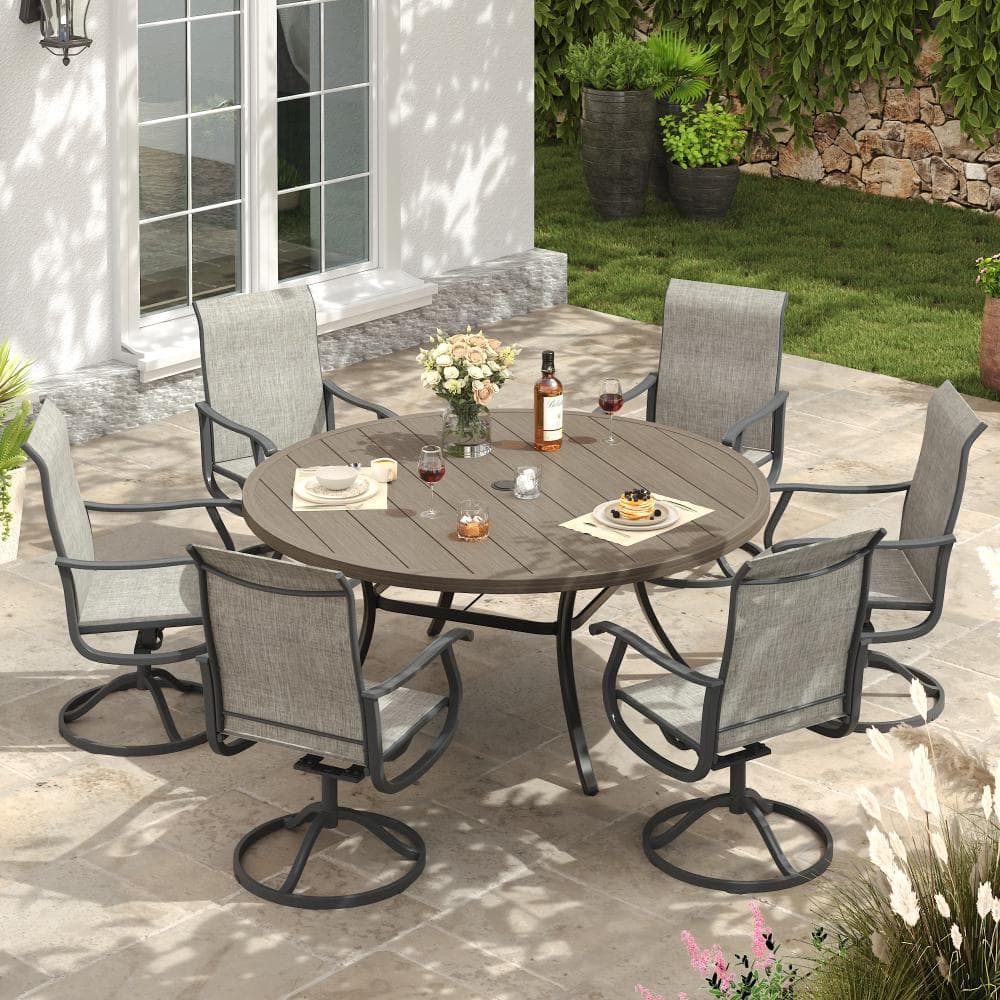 7-Piece Metal Outdoor Patio Dining Set with Round Table and High Back Padded Textilene Swivel Chairs in Gray price history on PriceWatchPro