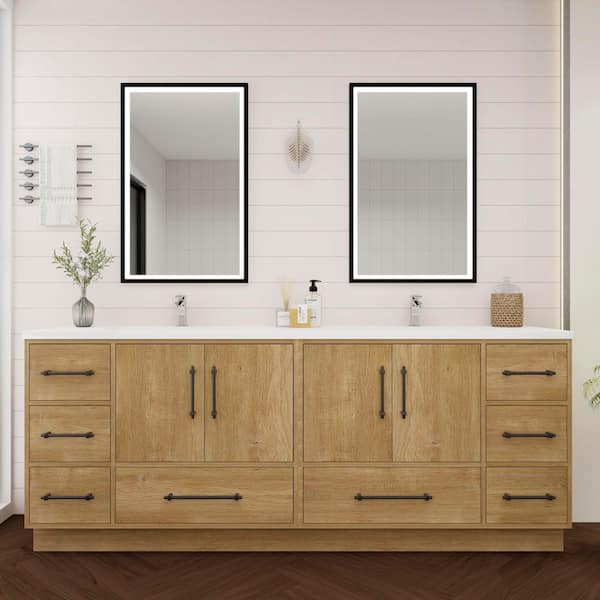 Victoria 84 in. W x 20 in. D x 35 in. H Double Sink Freestanding Bath Vanity in Oak with White Acrylic Top