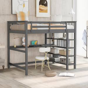 Gray Full Size Loft Bed with Storage Shelves and Under-bed Desk