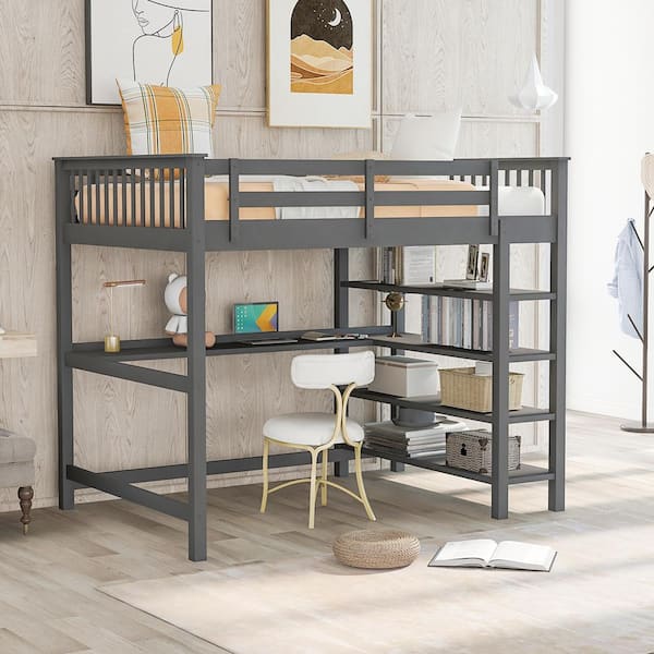 GODEER Gray Full Size Loft Bed with Storage Shelves and Under-bed Desk
