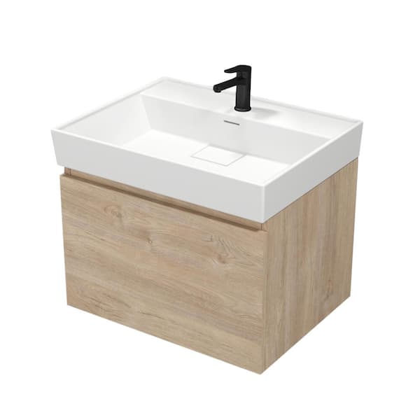 Nameeks SHARP 23.6 in. W x 18.9 in. D x 22.9 in. H Wall Mounted Bath Vanity in Brown Oak  with Vanity Top Basin in White