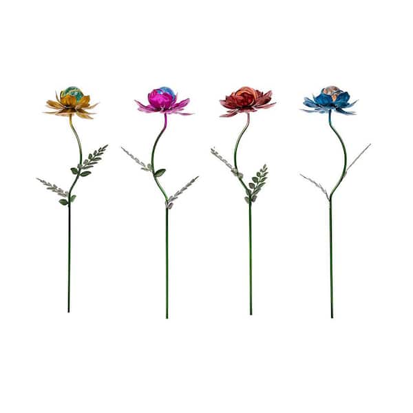 12.9 in. Multicolor Stainless Steel Solar Flower Garden Stakes Outdoor Waterproof Decor 4-Pack
